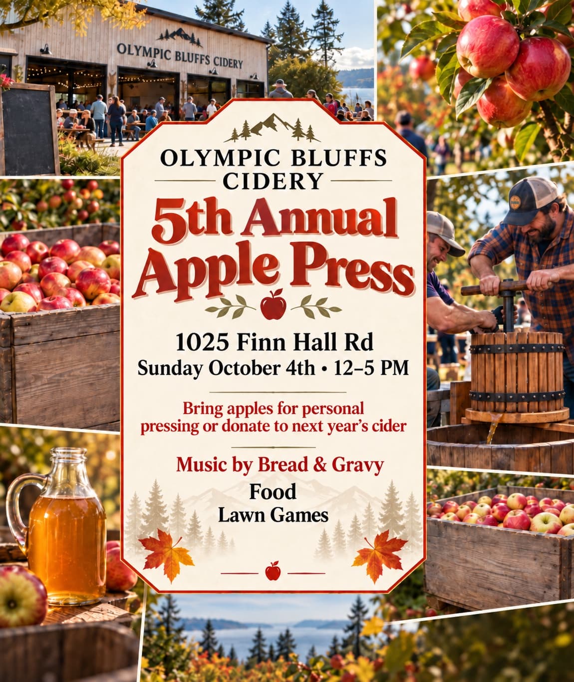 Olympic Bluffs Cidery 5th Annual Apple Press flyer: 1025 Finn Hall Rd, Sunday October 4th, 12–5 PM. Bring apples for personal pressing or donate to next year’s cider. Music by Bread & Gravy, food, lawn games.